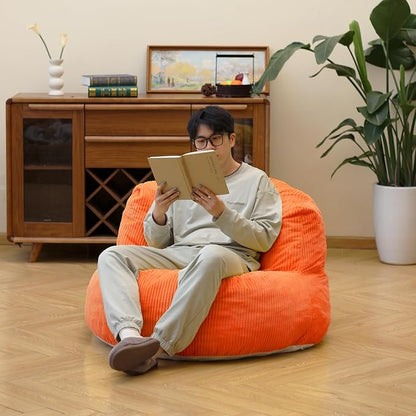 N&V Large Crescent Bean Bag Chair, Adult Size Bean Bag Sack, Foam Filling, Soft Premium Corduroy Bean Bag for Living Room Bedroom Dorm and Office (Tangerine)