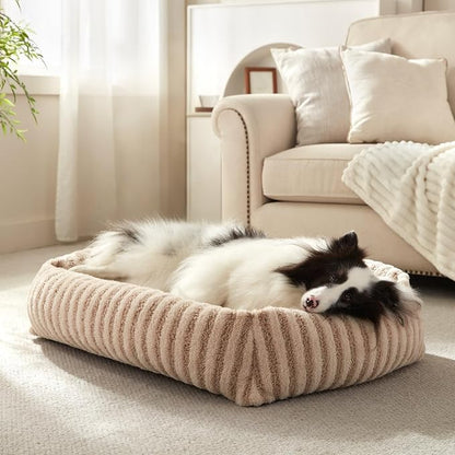 MIXJOY Dog Bed Medium Size Dog, Washable Medium Dogs Bed with Removable Cover, Soft Rectangle Doggy Ded Fluffy Plush Faux Fur Pet Bed with Anti-Slip Bottom, 30"x24"x8", Beige