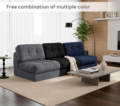 Tbfit 35.8'' Folding Sofa Bed, Convertible Sleeper Chair with Large Pillow, Corduroy Folding Couch Bed, Portable & Foldable Mattress Boneless Floor Sofa Set of 2, Blue