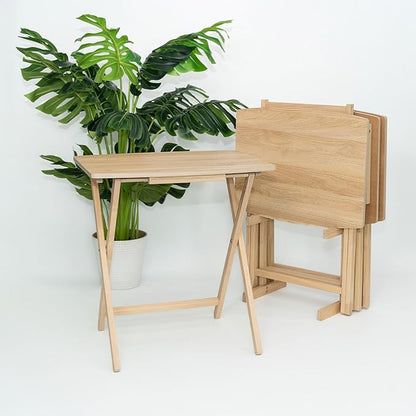 PJ Wood 5 Pack XL Oversize Tray Table for Living Room or Kitchen, Indoor TV Tray for Small Spaces and Family Gatherings, Natural Wood