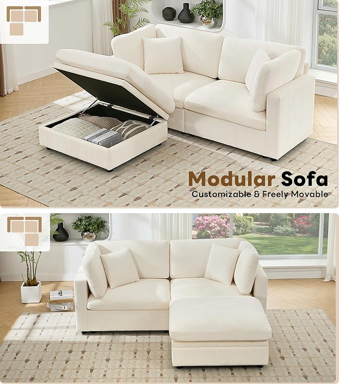 Tbfit Modern Sectional Sofa with Storage, Comfy Cloud Modular Couch with Down-Filled Cushions, Sofa for Home, Living Room, Beige
