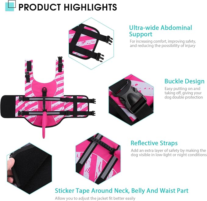 Dog Life Jacket High Flotation, Reflective Dog Life Vest for Swimming, Adjustable Dogs Life Preserver Rescue Handle Spring Summer Pool for Small, Medium, Large Dogs (Pinkwhite,XXL)