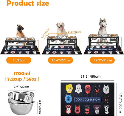 3-in-1 Elevated Dog Feeder with 3 Stainless Steel Bowls, Heavy Iron Stand, Custom Name Plate, Non-Slip Mat - Easy Clean for Multiple Dogs