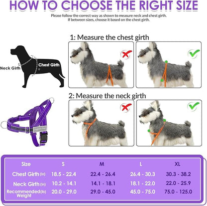 SlowTon No Pull Dog Harness with Front Clip - Heavy Duty, Soft Padded | Neck & Chest Adjustable, Tactical Pet Vest and Leash Set for Large Medium Sized Dogs, for Easy Walk & Training, Purple L