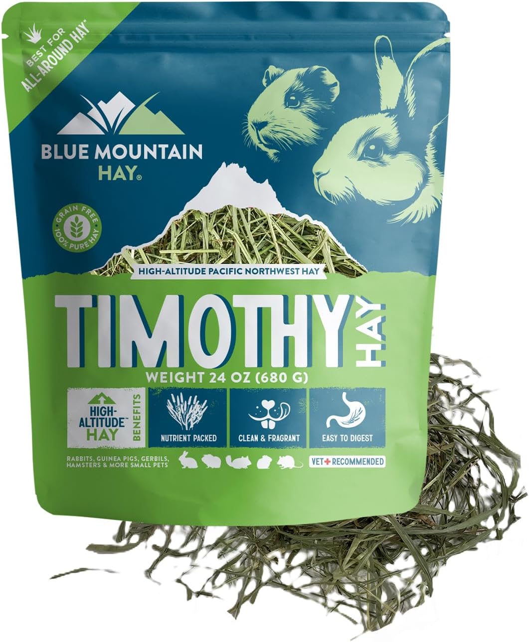 Blue Mountain Hay | Fresh Timothy Hay (24 Ounce) | Great for All Ages | High-Altitude Hay Pet Food for Rabbits, Guinea Pigs, Chinchillas, Hamsters, and Other Small Pets