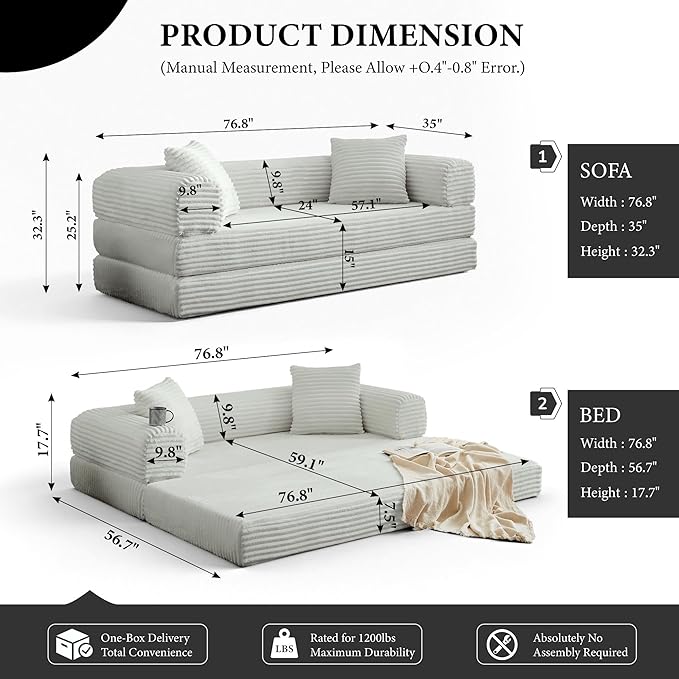 Boneless Couch Sofa Bed Sectional Couches for Living Room,Futon Cloud Couch with Sleeper Sofa,Sofas for Living Room Oversized Corduroy Upholstered (Light Grey)