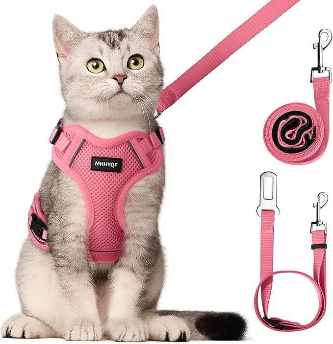 Cat Harness, Cat Harness and Leash Set, Soft and Breathable Vest with Reflective Strip, Anti Escape Adjustable Easy to Wear for Walking and Traveling, Pink, M