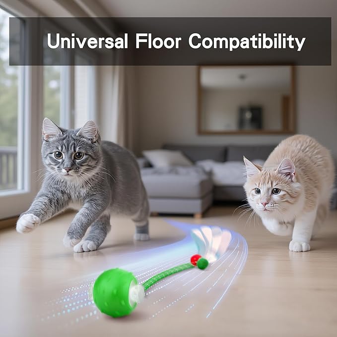 Interactive Cat Toys Ball for Indoor Cats, Automatic Agile Rolling Cat Ball with Elastic Mesh Tail, Bird Chirping & Motion Activated, 2 Tail Accessories, Kitten Toy for Bored (Green)
