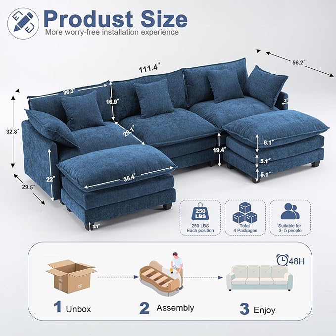 111.4" U Shaped Cloud Couch Sectional with 2 Ottoman｜Modular Chenille Sofa with 29.1" Deep Seat｜FSC Solid Wood Frame｜Easy Assembly & 1YR Guarantee｜for Living Room Bedroom Apartment