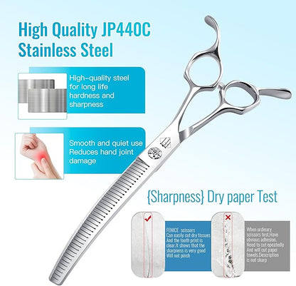 Professional Curved Thinning Scissors for Dog Grooming, 30-Degree Curvature, Japanese 440C for Trimming Dogs Cats and Other Pets face and paws (Curved Blender)