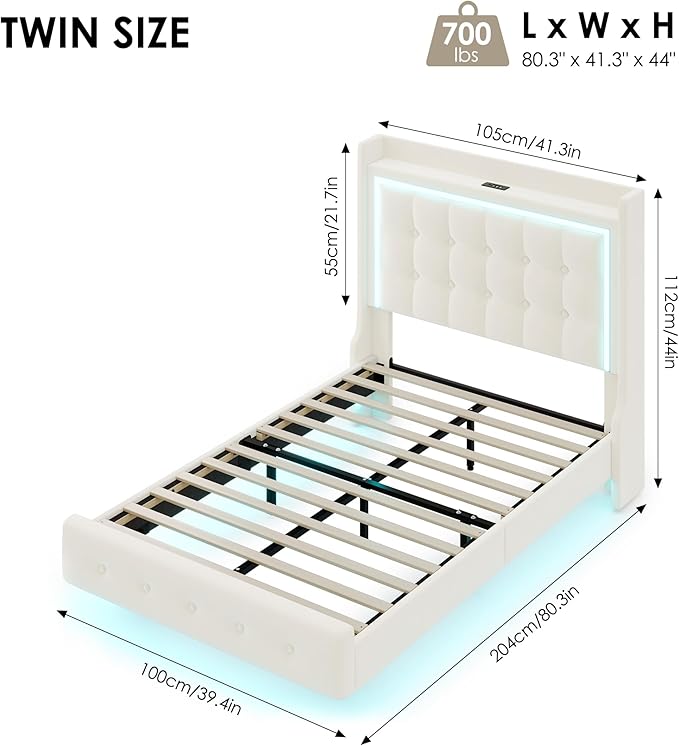 Keyluv Upholstered Twin Floating Bed Frame with RGB LED Lights and Charging Station, Velvet Platform Bed with Button Tufted Storage Headboard, Type-C & USB Charging Ports, No Box Spring Needed, Beige