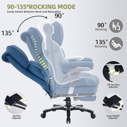 Efomao Big and Tall Office Chair with Footrest – High Back Computer Chair with Adjustable Armrests，Executive Office Chair with Wide Seat, Modern Desk Chair for Home Office, Gaming, or Study, Blue