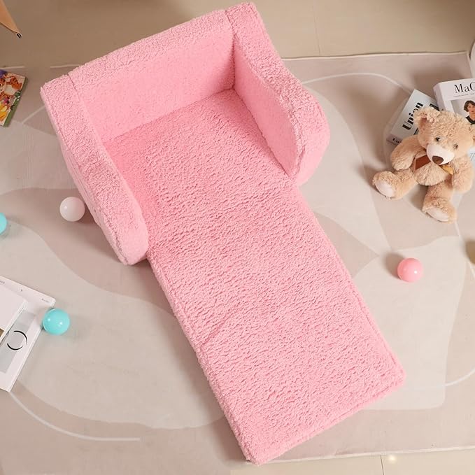 Kids Sofa, 2-in-1 Flip-Out Foam Couch with Soft Sherpa Cover, Cozy Play Lounge Chair, Pink