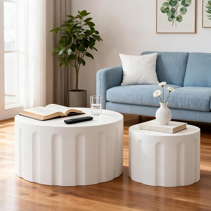 Round Nesting Coffee Table Set of 2, Round Fluted Coffee Tables for Living Room Modern Nesting End Side Tables for Small Spaces (B White)