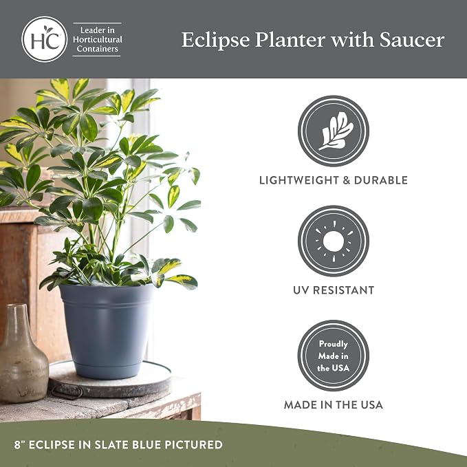 The HC Companies Eclipse Round Planter with Saucer - Outdoor & Indoor Plant Pot with Drainage Holes - Lightweight, UV-Resistant Plastic Pots for Plants, Flowers & Herbs (10" Seafoam, Pack of 1)