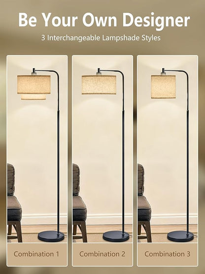 64" Modern Floor Lamp for Living Room Bedroom, Arc Floor Lamp with 3 Color Temperatures, Standing Lamp with Double Oatmeal Linen Lampshade, Tall Lamp with A19 12W LED Bulb, Foot Switch Control, Black