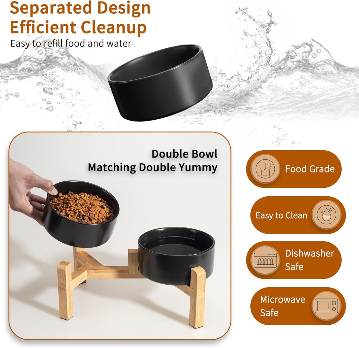 Elevated Ceramic Dog Bowl Set - Raised Dog Bowls with Non-Slip Bamboo Stand - Dog Food and Water Bowl Set - Double Dog Feeding Bowls - Suitable for Small and Medium Dogs - 28.74 OZ - 3.6 CUPS - 850 ML