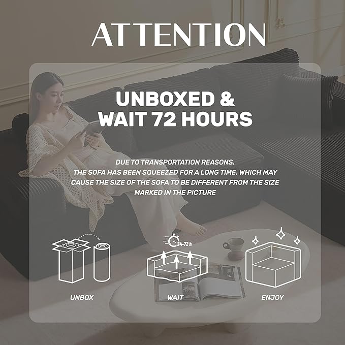 138" Boneless Couch with Deep Seat, Modular Sectional Sofa, Cloud Sectional Couch for Living Room, No Assembly Required, Corduroy, 4 Seater L-Shape Right, Black