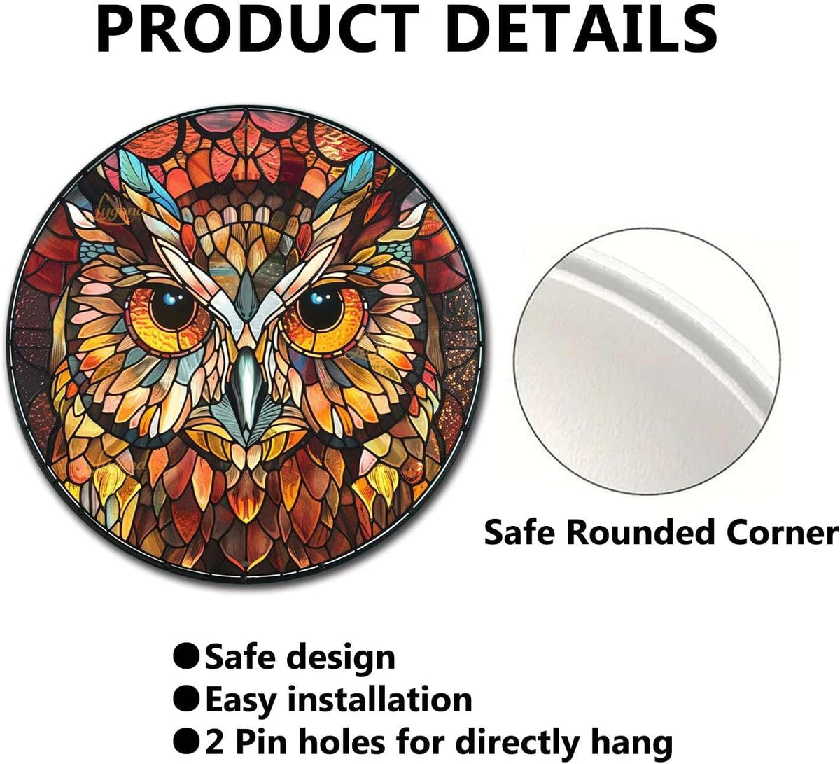 Lygond Metal Sign Tin Sign Circular Stained Glass Owl Metal Garden Signs for Garden 12×12 Inches