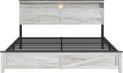 Farmhouse Wooden Bed Frame King Size with Storage Headboard, Boho Platform Bedframe with LED Lights and Charging Station, Metal Slats Support, No Box Spring Needed, White