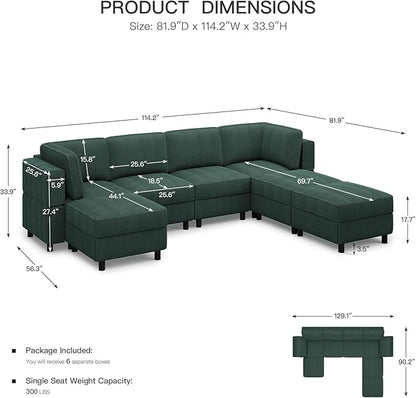 114.2" Modular Sectional Sofa with Deep Storage Seat,Corduroy 7 Seat U Shaped Sofa Couch,Modular Sofa Couch with Movable Ottoman Chaise,Upholstered Sectional Couches for Living Room,Green
