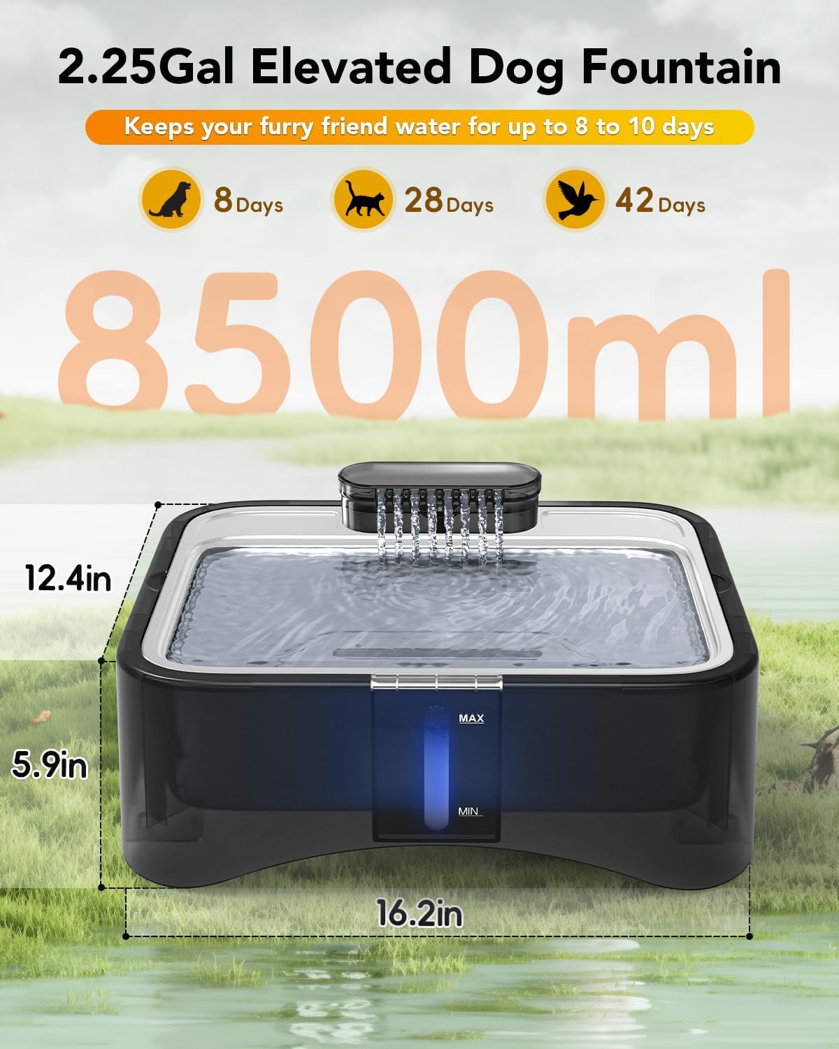 UPSKY 2.25Gal Elevated Dog Water Fountain, 4 Heights Adjustable Pet Fountain for All Dog Sizes, 304 Stainless Steel Tray Indoor Cat Drinking Dispenser with Ultra-Quiet Pump & 2 Replacement Filters
