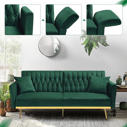 70” Velvet Futon Sofa Bed w/Adjustable Backrests and Armrests, Convertible Futon Couch with 2 Pillows, Modern Tufted Sleeper Bed for Living Room, Bedroom,Green