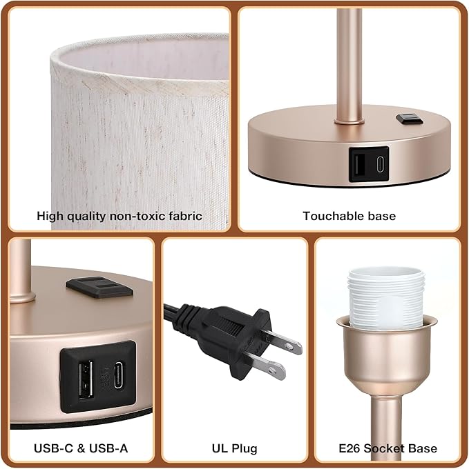 Dicoool Touch Bedside Table Lamp with USB - 3 Way Dimmable Lamp for Bedroom Nightstand, Desk Lamp with Charging Station for Dorm, Office, Living Room,Kids Room