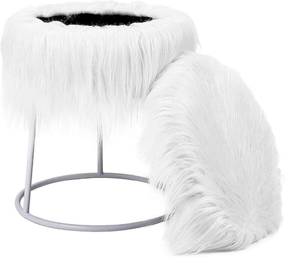 BIRDROCK HOME Round Faux Fur Foot Stool - Small Padded Ottoman w/Soft Cushion for Living Room, Bedroom, or Makeup Room - Modern Upholstered Accent Chair, Vanity Seat, Footrest for Couch/Sofa - White