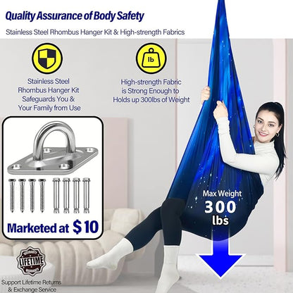 Sensory Swing for Kids Holds up to 300lbs Indoor & Outdoor Therapy Cuddle Swing with Hammock Hooks Hanger Kit for Calming, Effect for Autism, ADHD or SPD. (Space Blue)