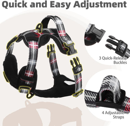 PUPTECK No Pull Dog Harness for Large, Adjustable Reflective Dog Harness with Handle Easy Control, Comfortable Soft Padded Pet Vest Harness for Large Dogs, Plaid Black XL