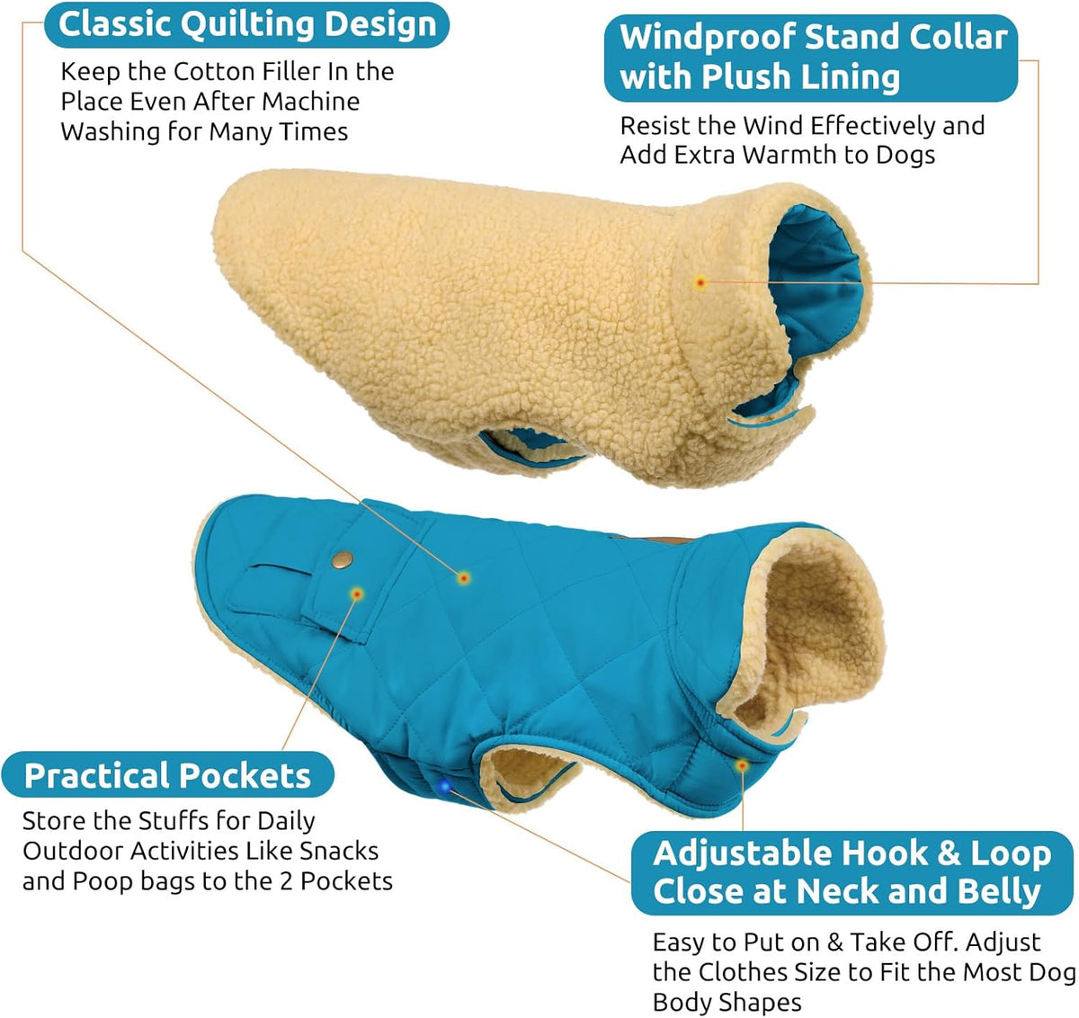 Queenmore Dog Winter Coat Warm Puffer Jacket Waterproof Plush Lining Thermal Cold Weather Vest for Small Medium Large Dogs, Windproof Easy On Pet Jacket Blue M