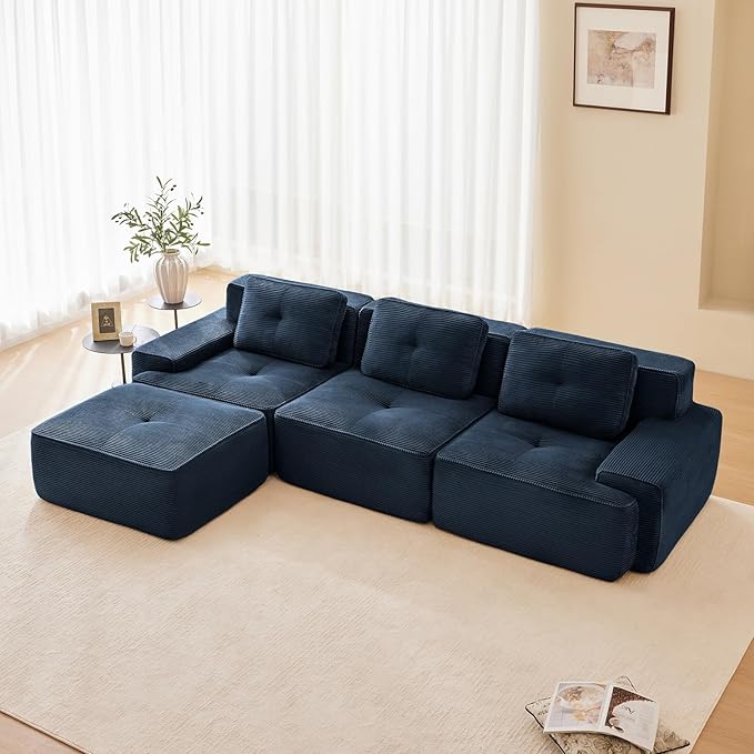 Blue Ottoman for Modular Sectional Sofa, Corduroy Deep Seat for Oversized Compressed Boneless Sectional Couches for Living Room Bedroom Apartment, Cloud Sofa Couch Set, Memory Foam, No Assembly
