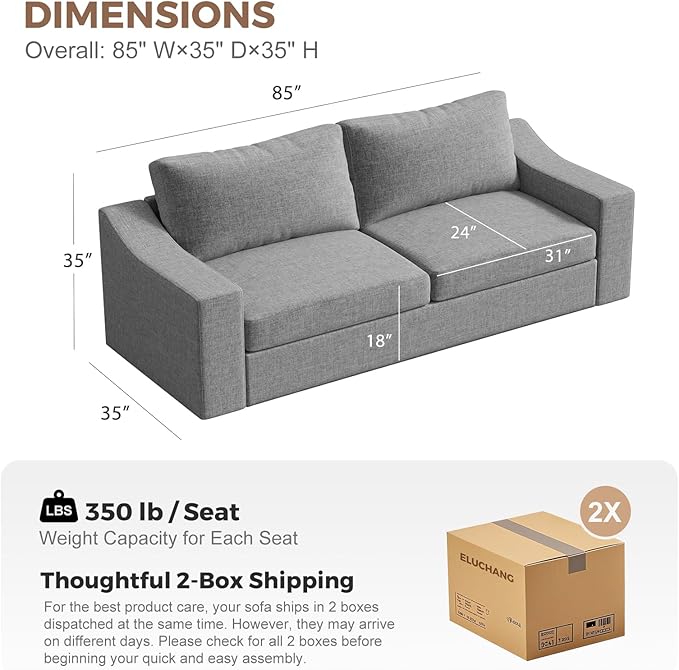 ABCASA 85" W Loveseat Couches for Living Room,Modern Linen Sofa with Removable Cover, Wide Armrest, Solid Wood Frame, Medium Firm Seat Cushion for Bedroom Office Apartment, Easy to Install, Grey