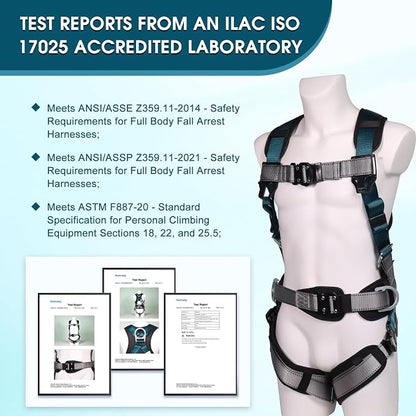 Fall Protection Premium Safety Harness with Shock Absorbing Lanyard, Vented & Padded Shoulder, Legs & Back - Upgrade 4 Quick Buckles (Dark Green)