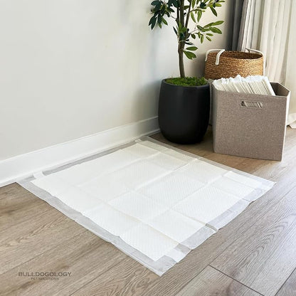 Bulldogology Puppy Pee Pads XXL with Adhesive Sticky Tape - Extra Large Dog Training Wee Pads (30x30) 6 Layers with Extra Quick Dry Bullsorbent Polymer Tech (30-Count, White)