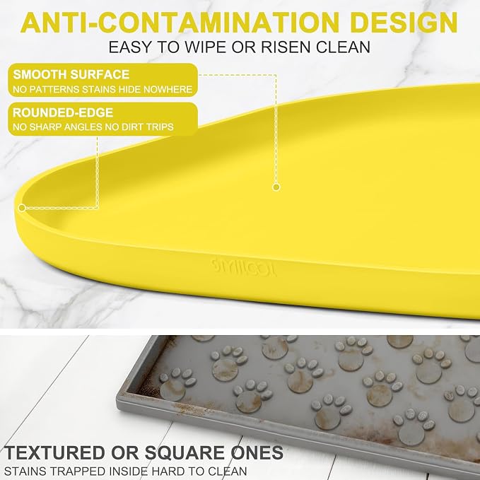 SMILOOL Waterproof Silicone Pet Food Mat with Raised Edge for Dog & Cat | 19" x 12" Non-Slip Pet Feeding Mats with Lip for Food & Water Bowl, Food Grade, Easy Cleaning, Light Yellow