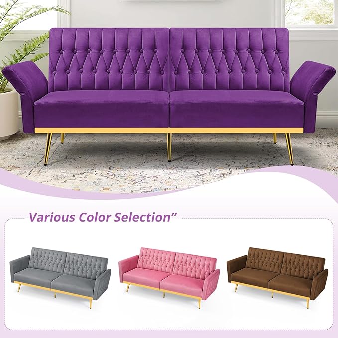 70” Velvet Futon Sofa Bed with 2 Pillows and Adjustable Armrests, Convertible Sleeper Bed W/Adjustable Backrests, Modern Loveseat for Living Room, Bedroom, Purpel
