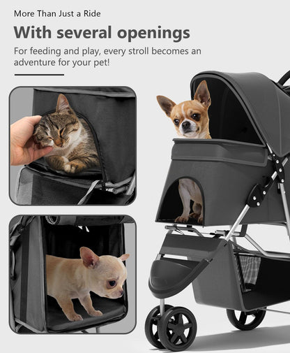 Pet Stroller with 3 Wheels for Small/Medium Pets, Portable Travel Foldable Carrier Jogger for Dog Cat Puppy Kitty, Rear Wheel Breaks, Storage Basket, Visible Mesh with Weather Cover (Black)