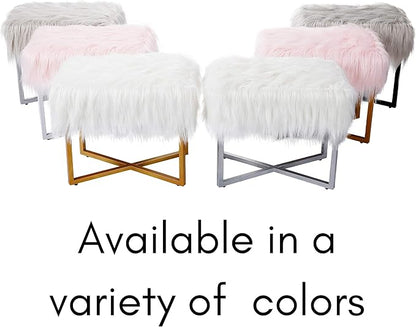 BIRDROCK HOME Rectangular Pink Faux Fur Foot Stool Ottoman with Gold Legs - Vanity Chair - Soft Compact Padded Seat - Bedroom and Kids Room Chair - Metal - Fluffy Makeup Seat Furniture