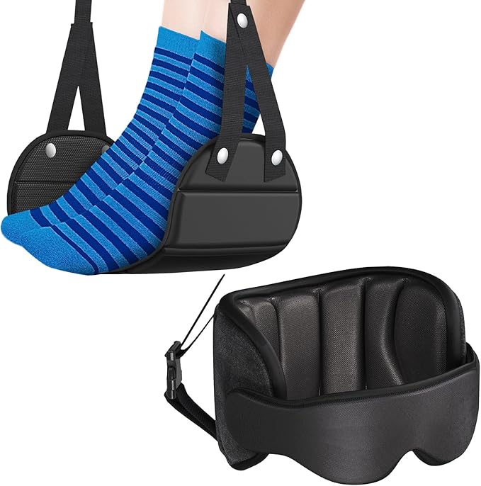SARISUN Travel Pillow Airplane Foot Hammock Set, Airplane Pillows with 3D Eye Mask for Sleeping, 360° Support Plane Head Strap, Long Flights Essentials, Stop Bobblehead and Travel Foot Rest Leg Relief