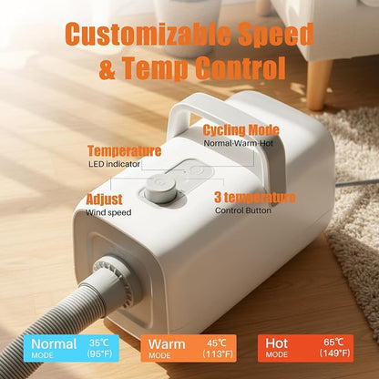 NEWBULIG Dog Hair Dryer with Heater for Grooming, Temperature Adjustable | 1550W High Velocity Speed Pet Blow Dryer with 4 Nozzles, White