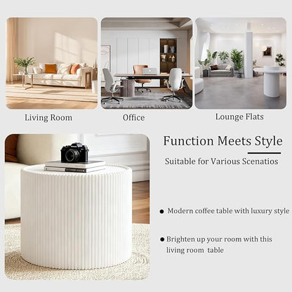 Round Coffee Table Set with Sintered Stone Tabletop, 29.52" Black Drum Center Table and 17.71" White Coffee Table Set, 2 Pieces Living Room Table Set with Fluted PU Leather Cover& Stable Base