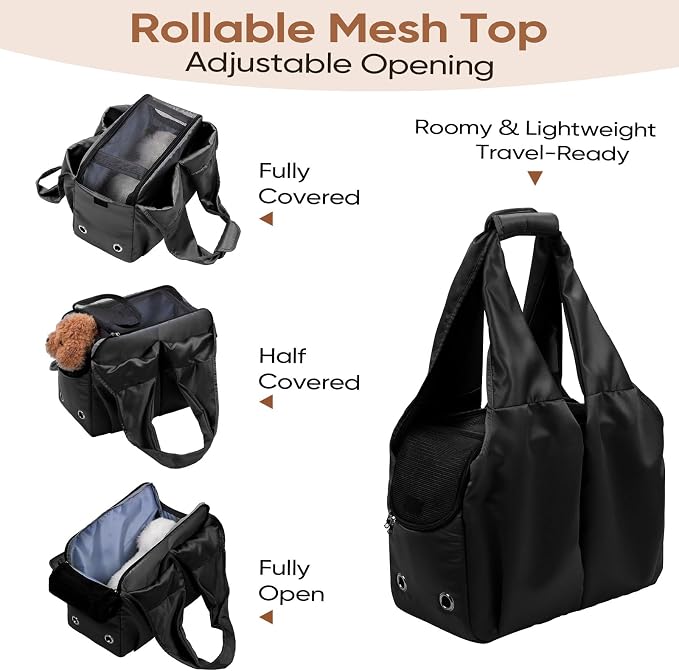 Dog Purse Carrier for Small Dogs, Cats, and Puppies – Soft-Sided Travel Pet Tote Bag with 4 Large Pockets, Foldable, Lightweight, Fits Pets up to 15 lbs, for Travel, Outings (Black)