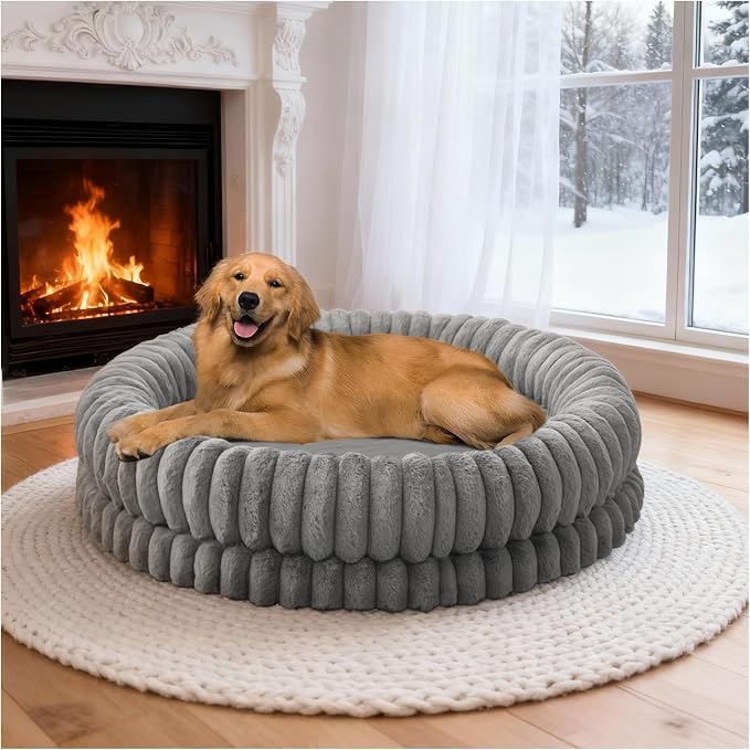 BALANCE Luxury Donut Dog Bed, 43 Inches Round Dog Beds Large Sized Dogs Washable, Orthopedic Calming Dogs Bed for Pets with Anti-Slip Bottom, Gray