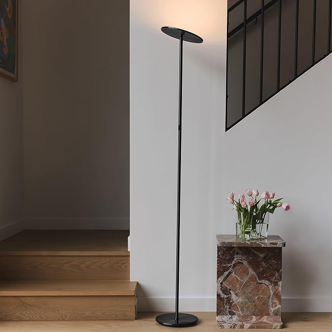 Brightech Sky LED Torchiere Super Bright Floor Lamp - Contemporary, High Lumen Light for Living Rooms & Offices - Dimmable, Indoor Pole Uplight for Bedroom Reading - Black