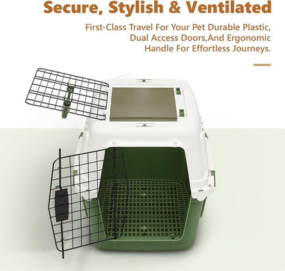 Athena Collection 22" Hard-Sided Travel Pet Carrier for Small Dogs and Cats | Plastic Dog Crate with 2-Door Top & Front Load, Ventilation, Security Lock, Cat Dog Carrier for Pet, up to 22lbs, Green