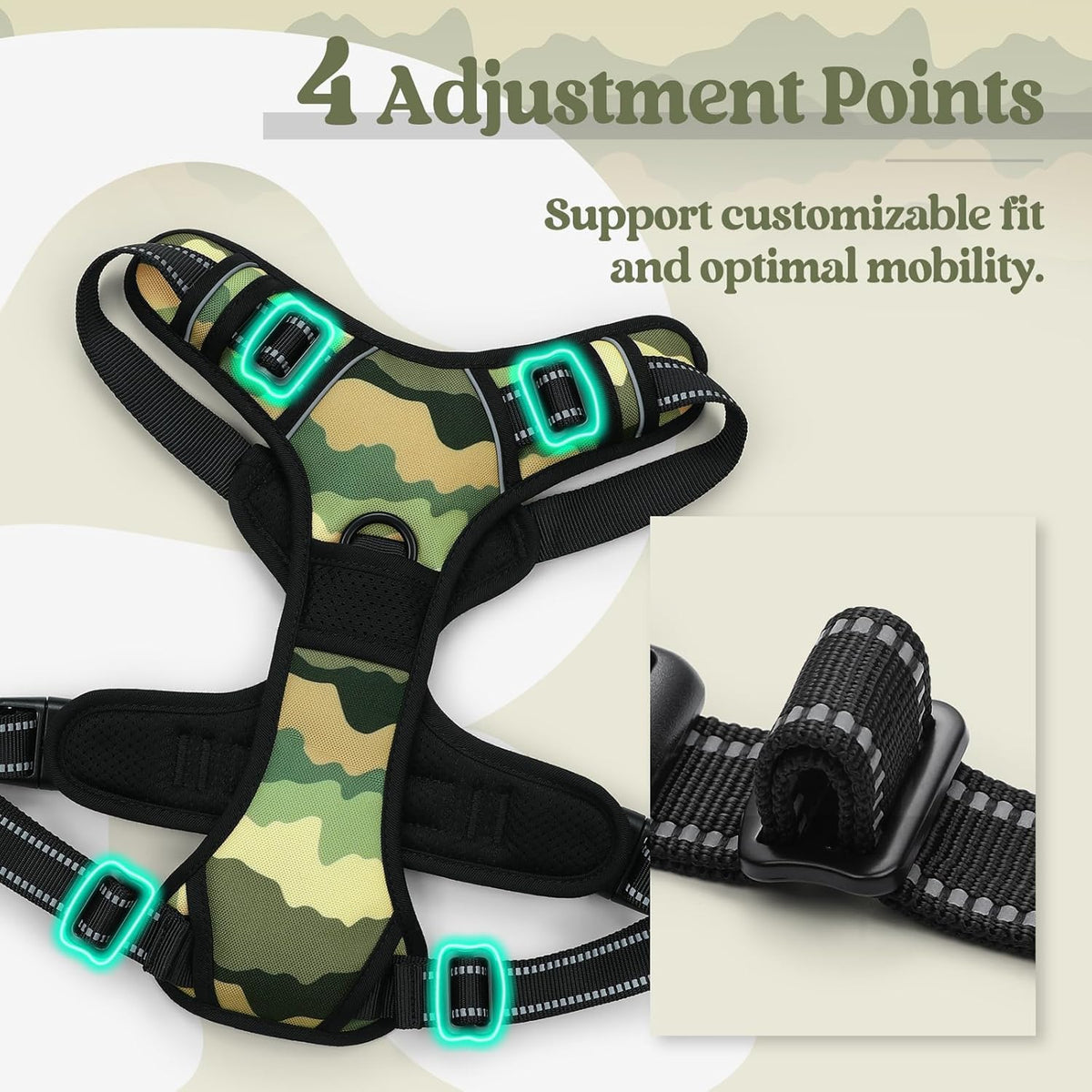 rabbitgoo Dog Harness No Pull with 2 Leash Clips, Adjustable Soft Padded, Reflective Oxford No Choke Pet Vest with Easy Control Handle for Large Dogs, Green Mountain,L