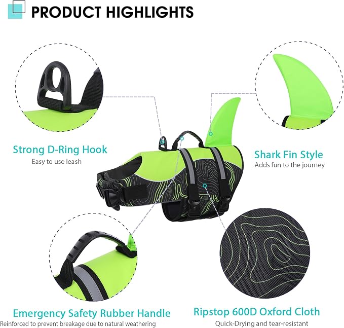 Shark Dog Life Vest for Swimming, Pet Life Vests for Boating, High Buoyant DogLife Jacket, Ripstop High Flotation Swimsui for Small, Medium, Large Dogs (Greenblack,XS)