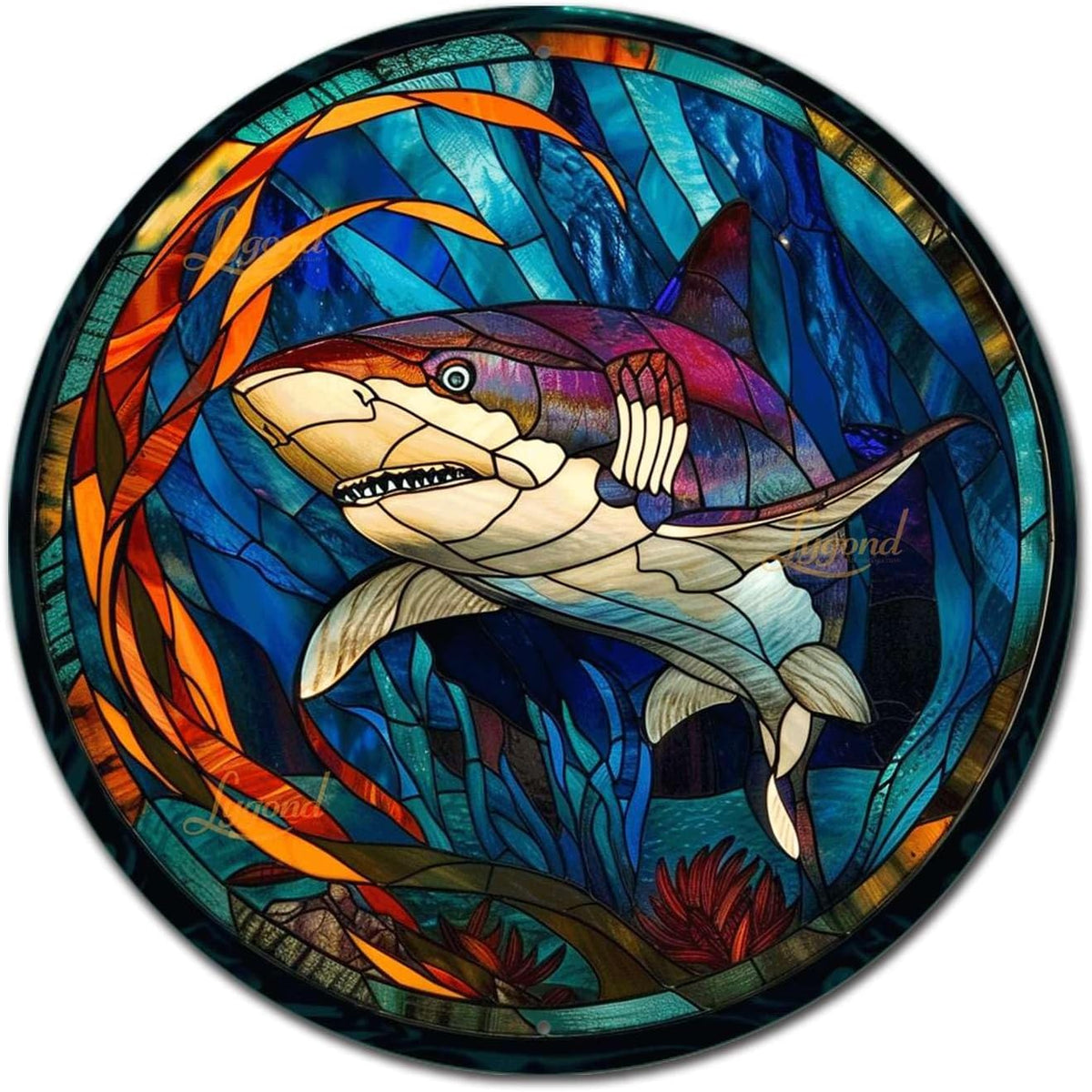 Lygond Metal Shark Tin Sign - Stained Glass Style, 8x8 Inches